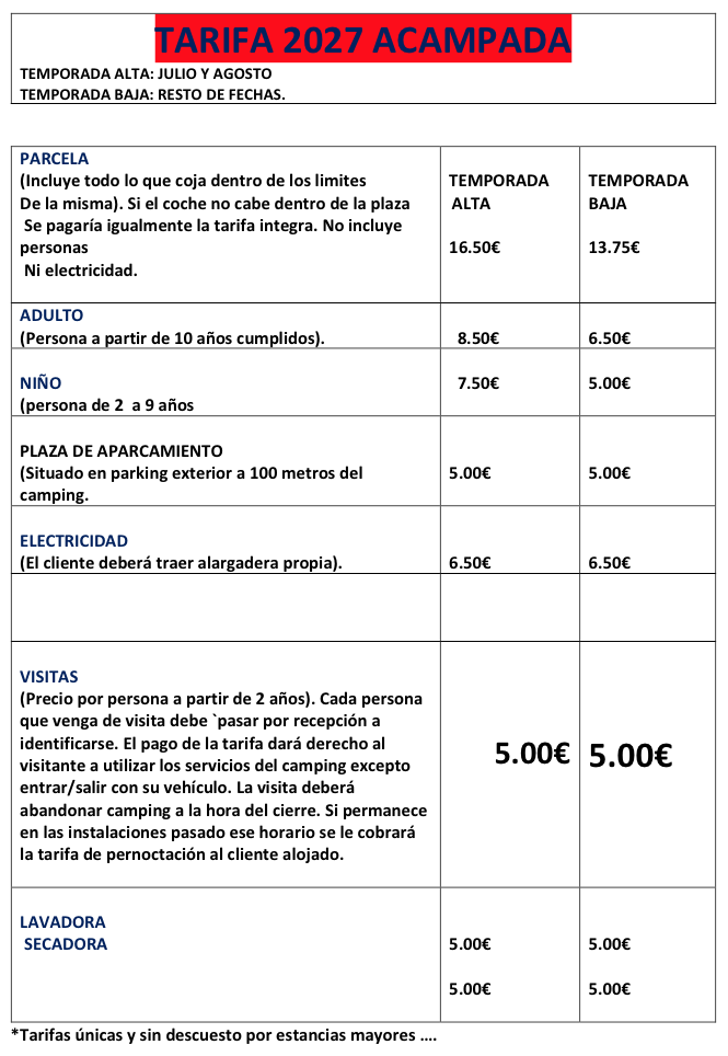 Tarifa de precios acampada